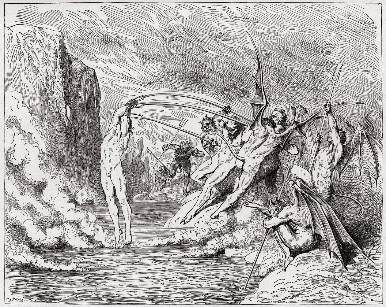 La Divine Comédie, Enfer, Chant 21 : Les diables tourmentent les barateurs (Illustration de Gustave Doré) - Gustave Dore