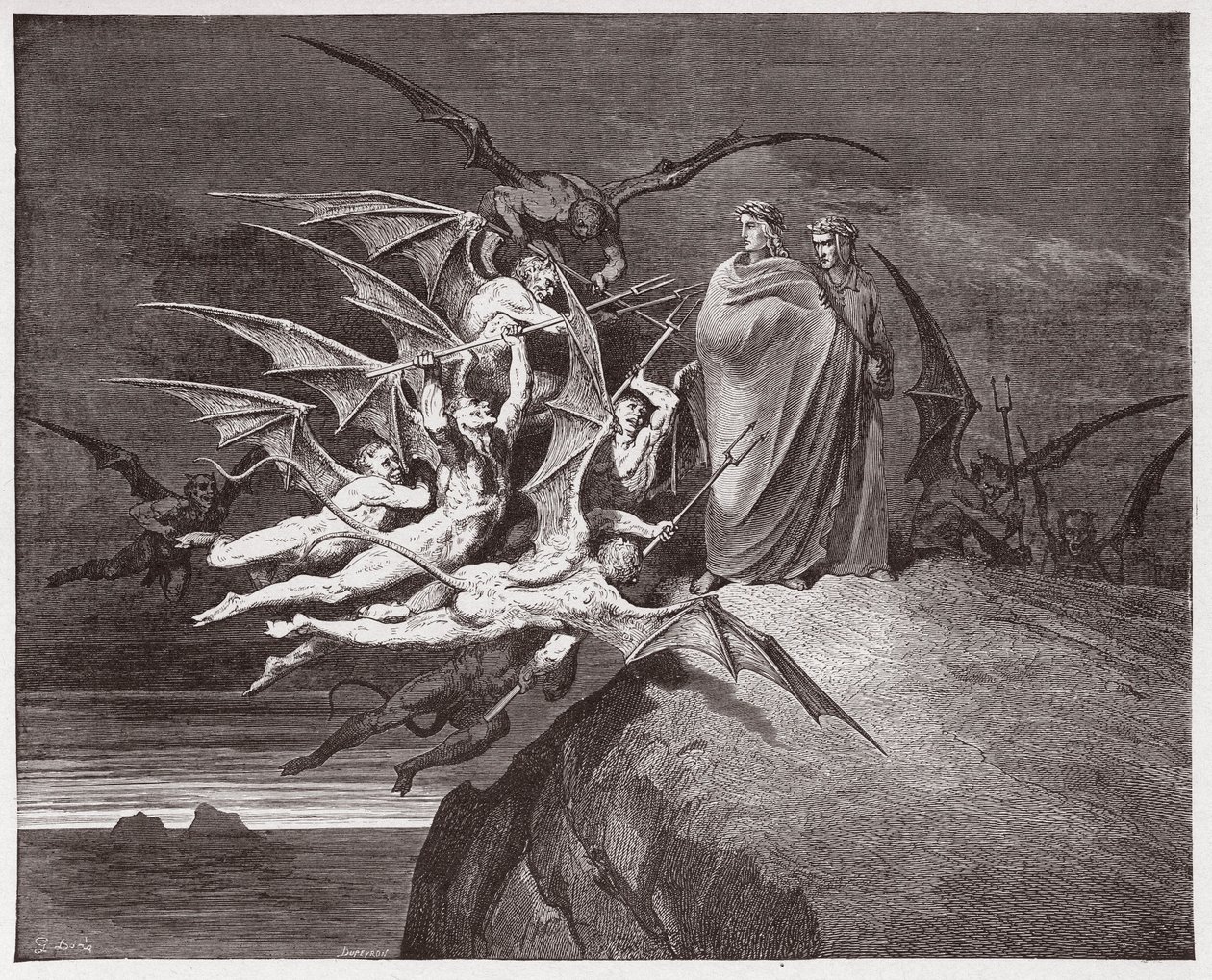 La Divine Comédie, Enfer, Chant 21 : Les démons menacent Virgile (Illustration de Gustave Doré) - Gustave Dore