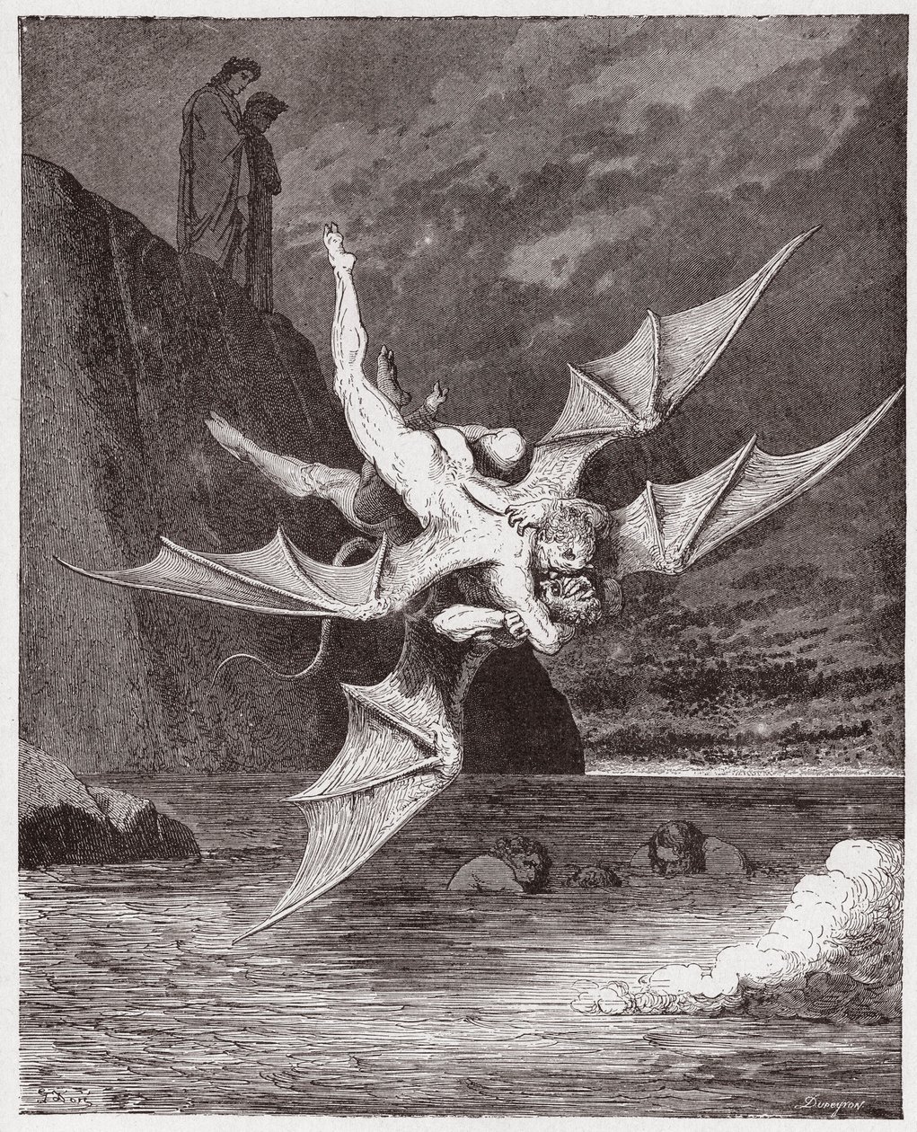 La Divine Comédie, Enfer, Chant 22: Alichino et Calcabrina se battent au-dessus du poix - Illustration de Gustave Doré - Gustave Dore
