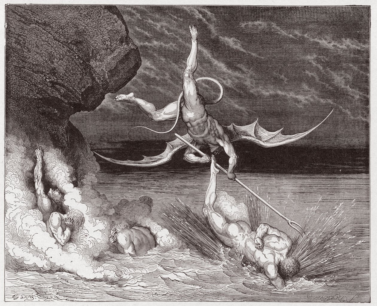 La Divine Comédie, Enfer, Chant 22: Ciampolo échappe au démon Alichino dans la cinquième bolgia - Illustration de Gustave Doré - Gustave Dore