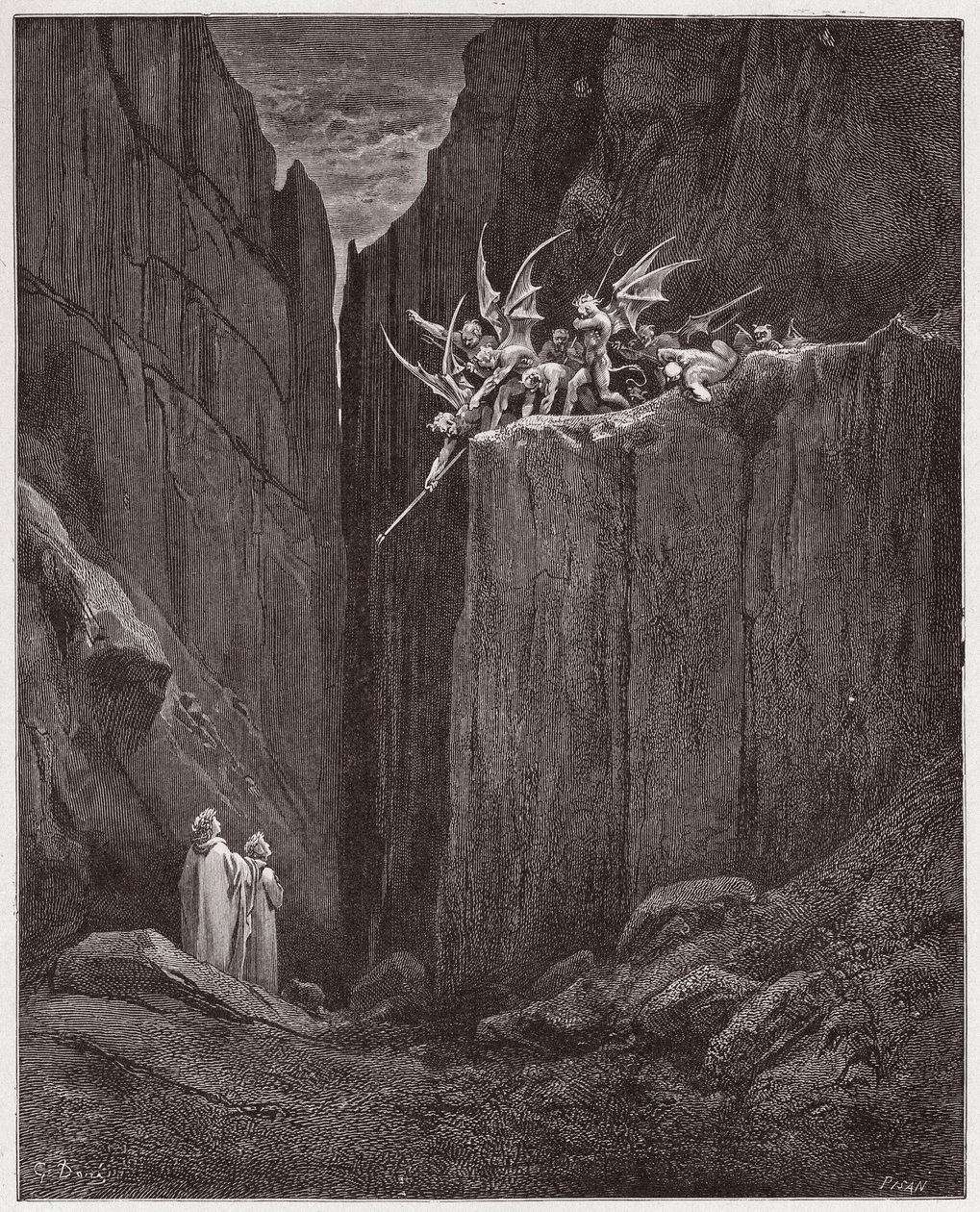 La Divine Comédie, Enfer, Chant 23 : Les poètes échappent aux démons de la cinquième bolgia (Illustration de Gustave Doré) - Gustave Dore