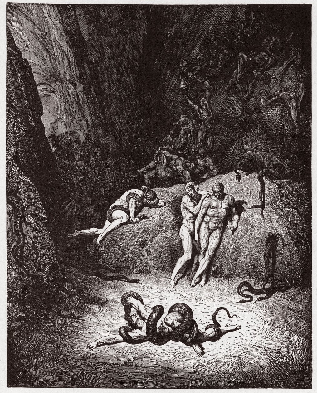 La Divine Comédie, Inferno, Chant 25 : Agnello se transformant en serpent - par Dante Alighieri (1265-1321) - Illustration de Gustave Doré (1832-1883). - Gustave Dore