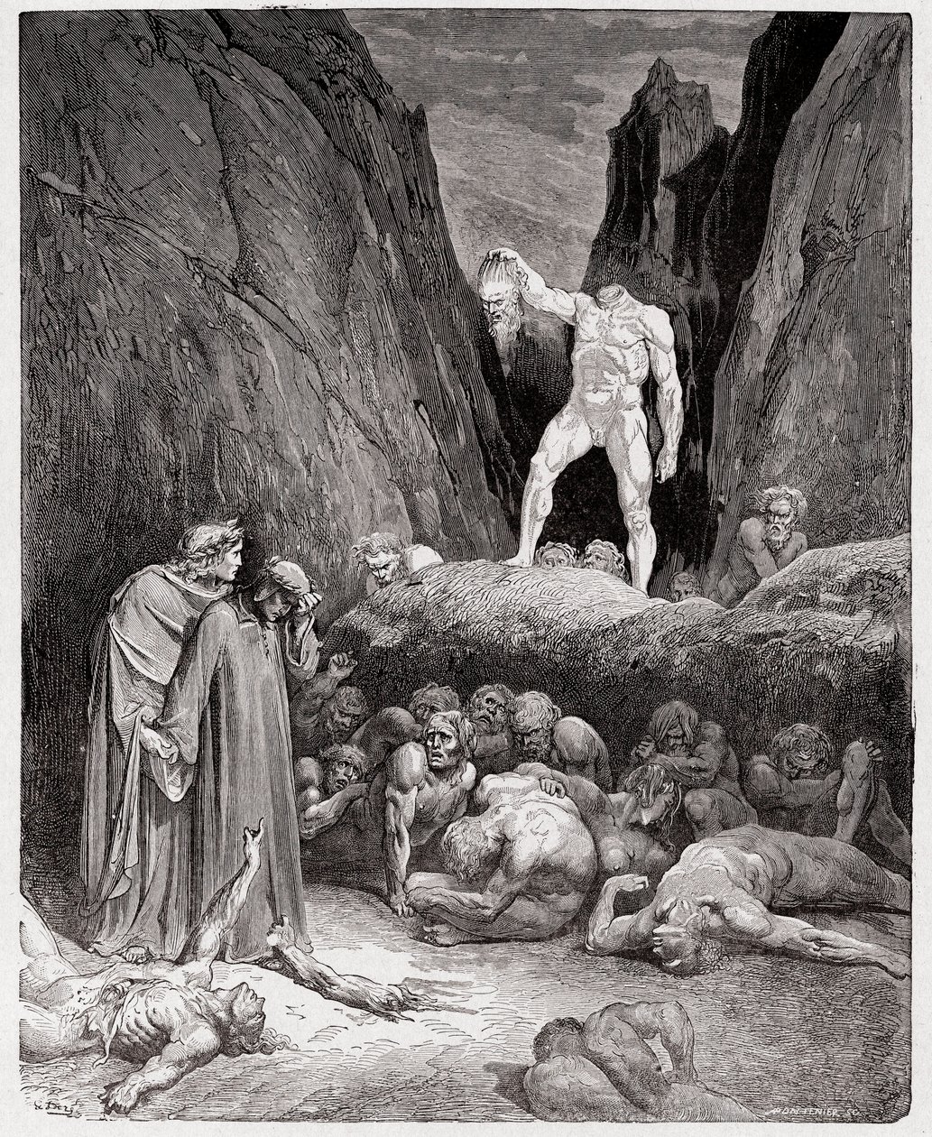 La Divine Comédie, Inferno, Chant 28 : La tête coupée de Bertrand de Born parle à Dante - par Dante Alighieri (1265-1321) - Illustration de Gustave Doré (1832-1883). - Gustave Dore