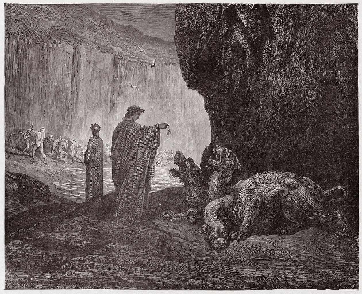 La Divine Comédie, Enfer, Chant 6 : Virgile nourrit Cerbère dans le troisième cercle (Illustration de Gustave Doré) - Gustave Dore
