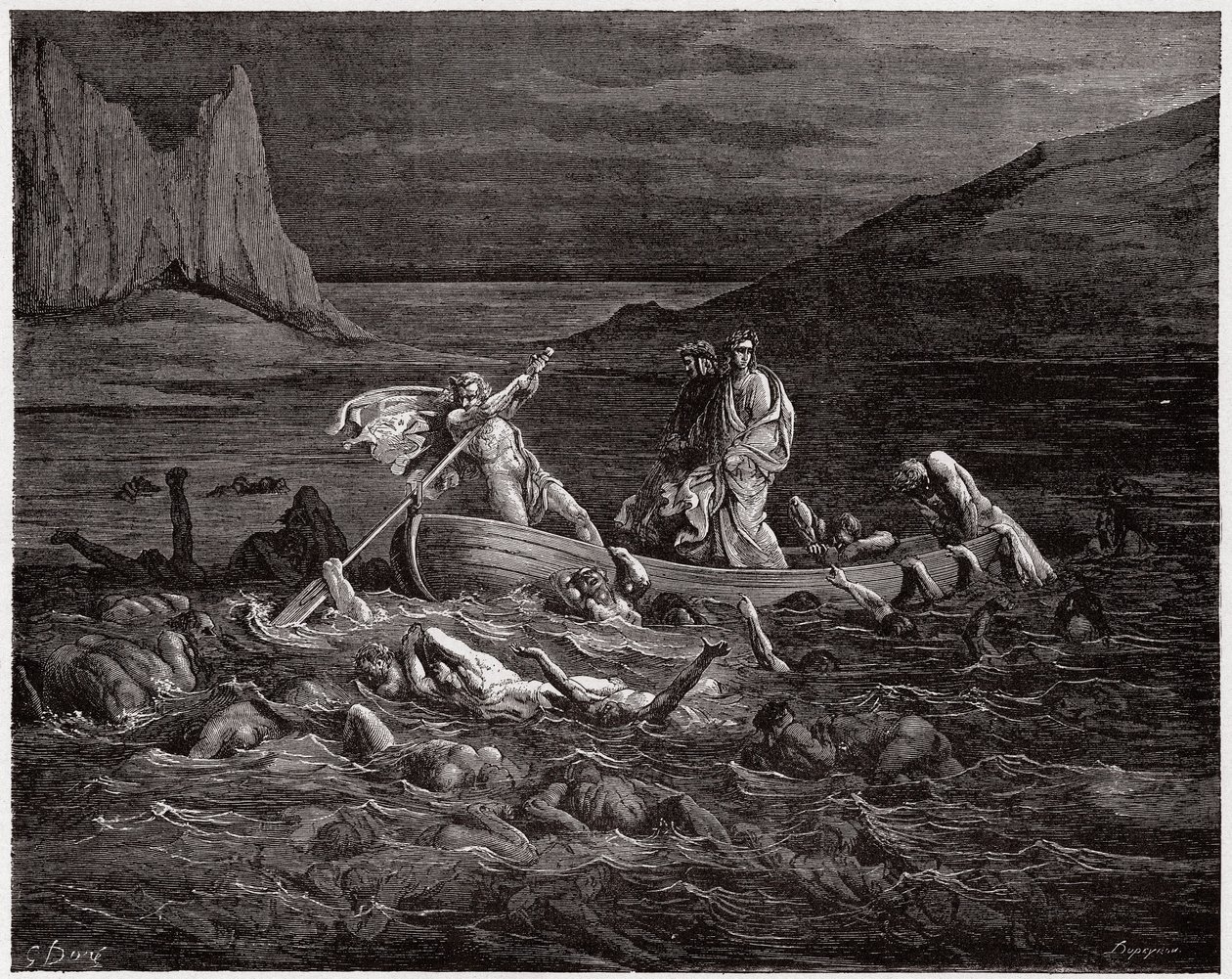 La Divine Comédie, Enfer, Chant 8 : Phlégias transporte Dante et Virgile à travers le Styx (Illustration de Gustave Doré) - Gustave Dore