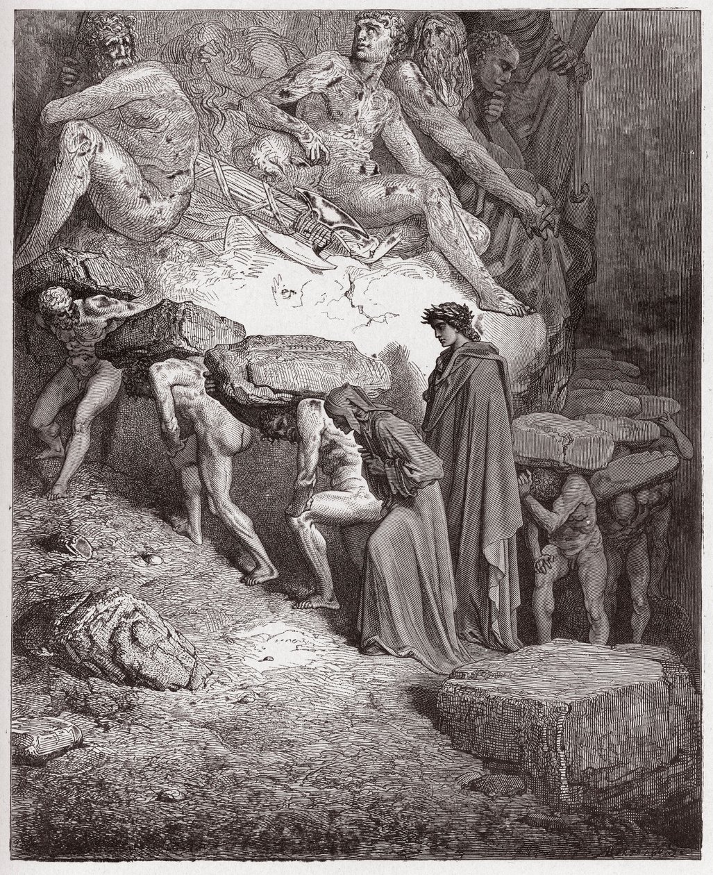 La Divine Comédie, Purgatorio, Chant 11 : Les âmes des orgueilleux, portant des pierres lourdes - par Dante Alighieri (1265-1321) - Illustration par Gustave Doré (1832-1883) - Gustave Dore