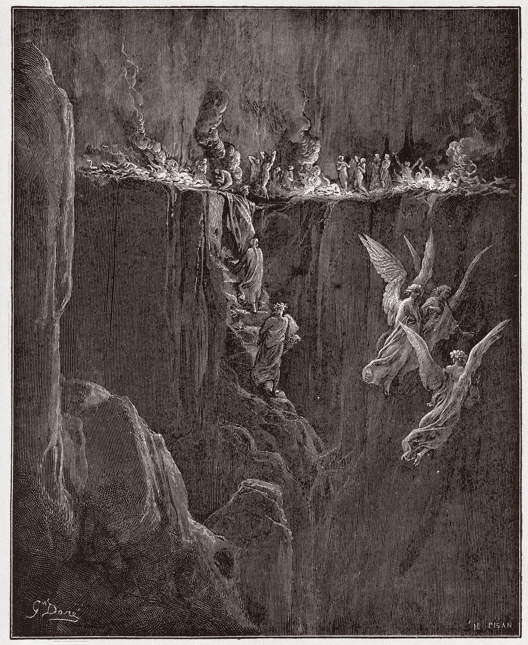 La Divine Comédie, Purgatoire, Chant 25 : Virgile et Dante montent au septième cercle à travers les flammes - par Dante Alighieri - Illustration de Gustave Doré - Gustave Dore