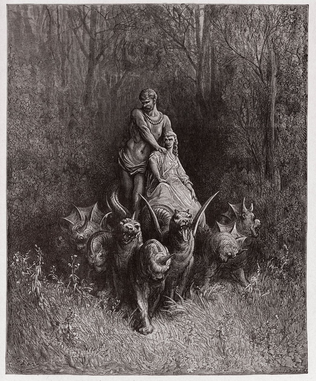La Divine Comédie, Purgatorio, Chant 32 : Le géant et la prostituée dans le char - par Dante Alighieri (1265-1321) - Illustration par Gustave Doré (1832-1883) - Gustave Dore