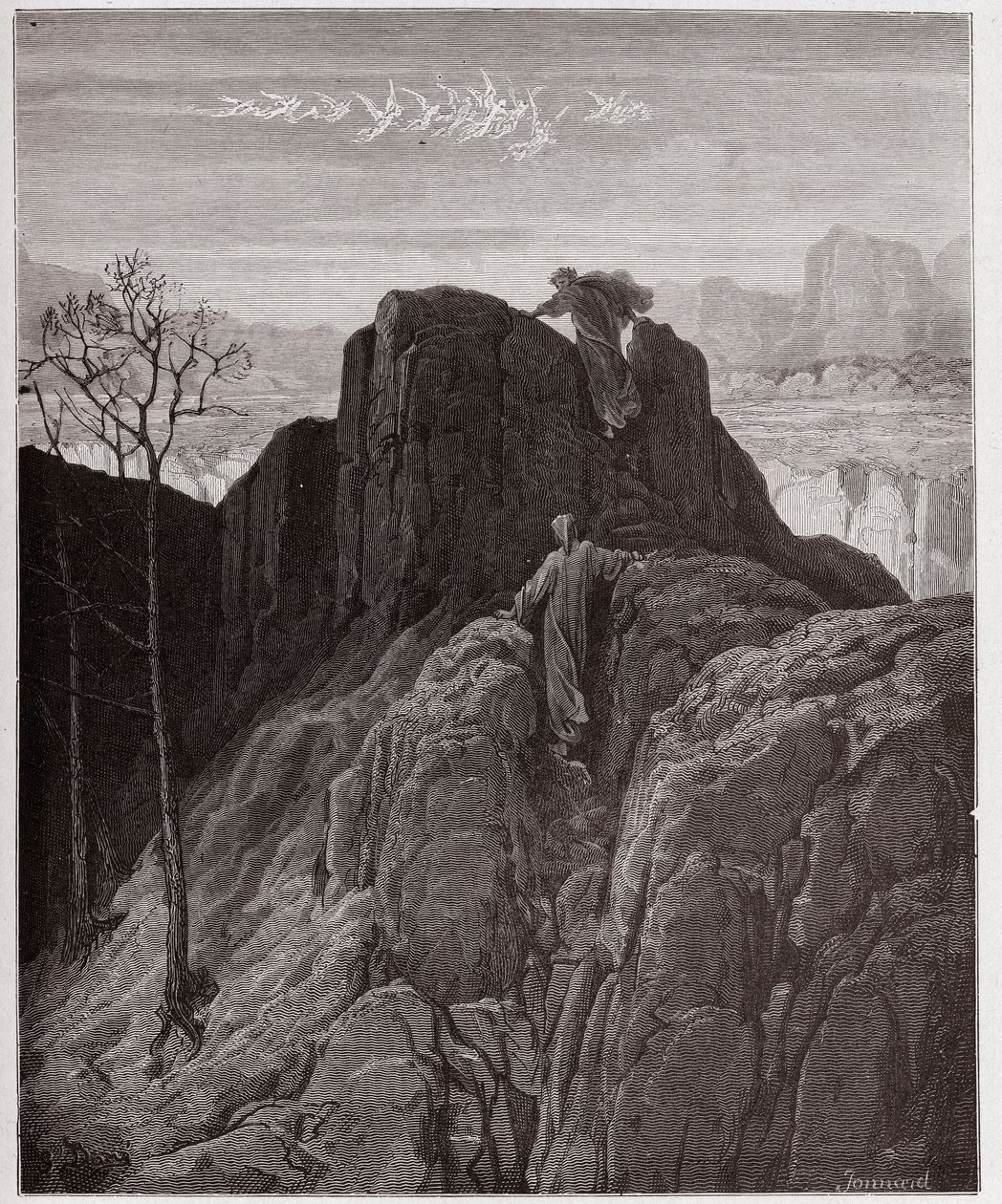 La Divine Comédie, Purgatorio, Chant 4 : Virgile guide Dante sur le flanc escarpé de la montagne - par Dante Alighieri (1265-1321) - Illustration de Gustave Doré (1832-1883). - Gustave Dore