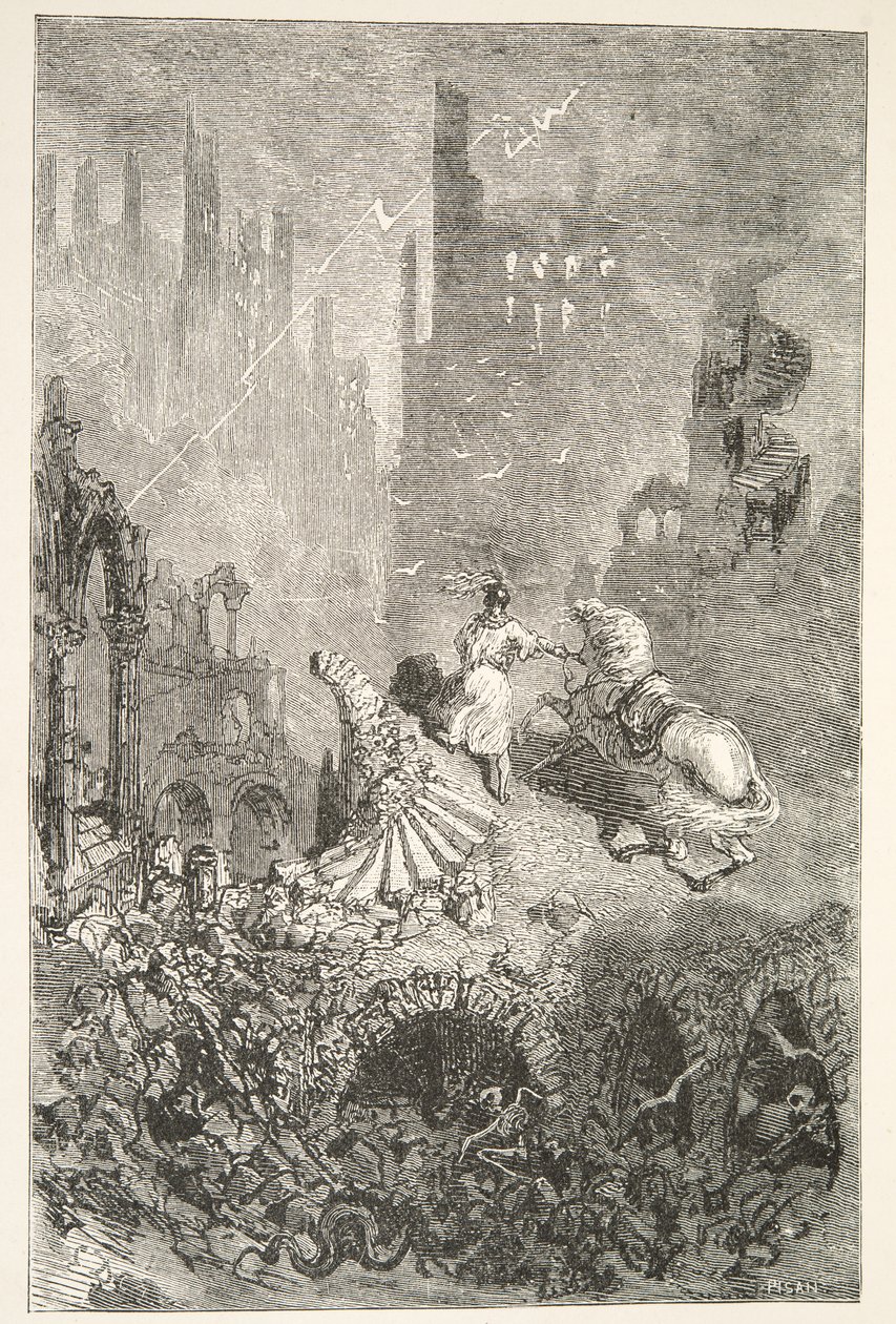 La Chute du Château du Roi Pellam, des Histoires des Jours du Roi Arthur par Charles Henry Hanson, pub.1898 - Gustave Dore