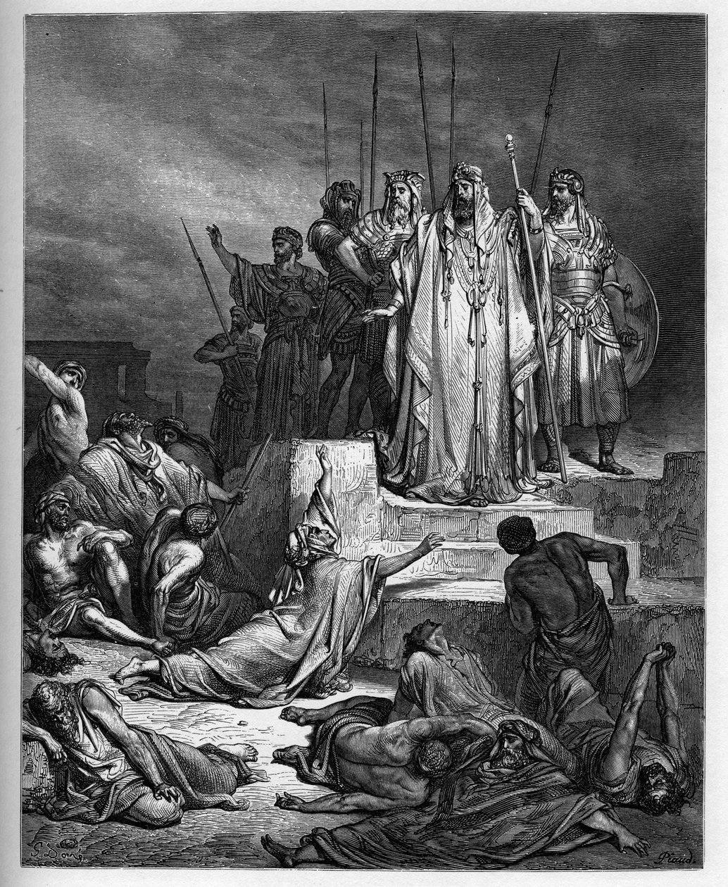La famine à Samarie - Ancien Testament : Siège de Samarie. Le roi de Syrie assiège la ville de Samarie et la réduit à une famine épouvantable - gravure dans "La Bible illustrée" par Gustave Doré (1832-1883) - Gravure de "La Bible de Doré" - Gustave Dore