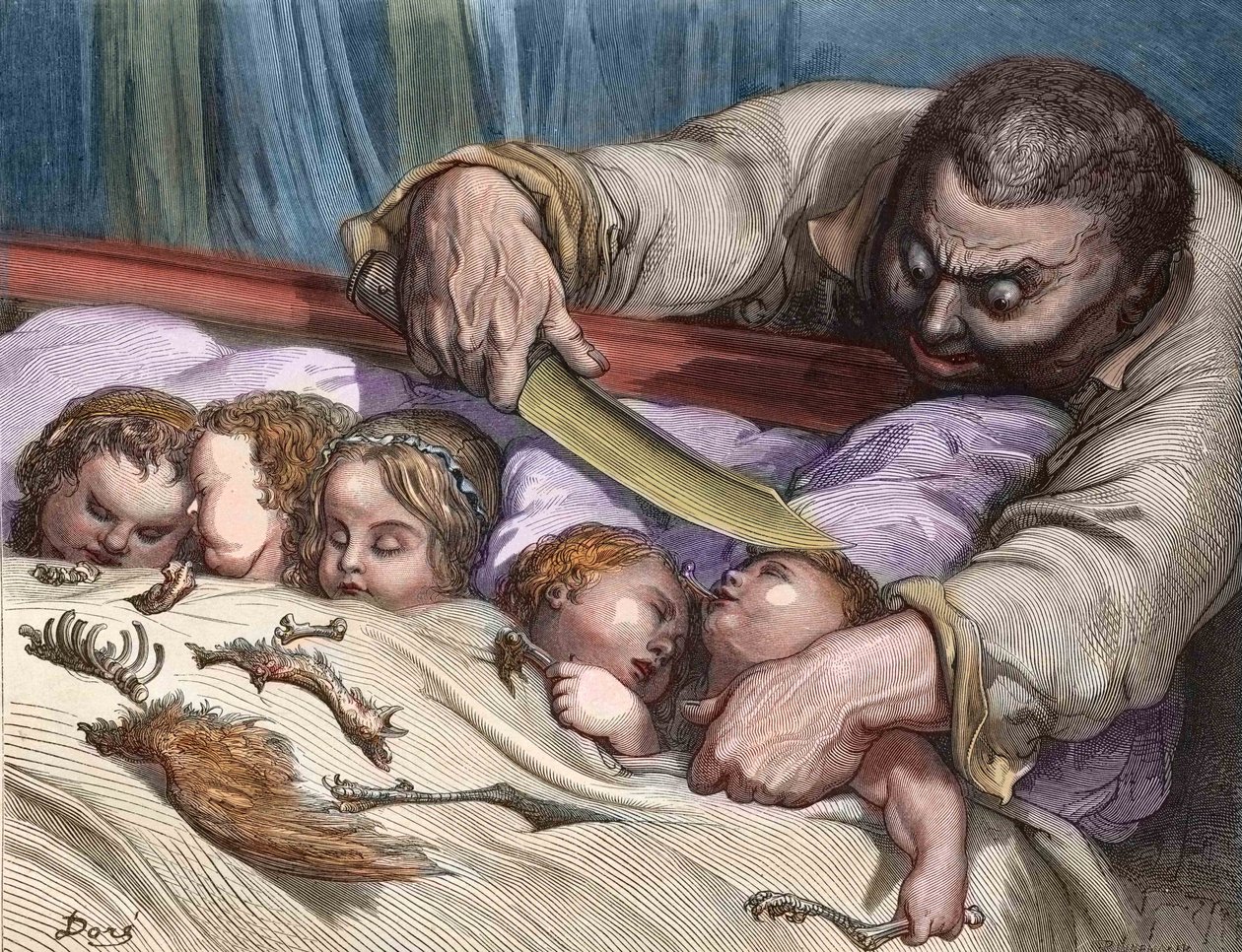 Le Petit Poucet par Charles Perrault (écrivain français) Le Géant coupe la gorge de ses filles sans hésitation (gravure) - Gustave Dore