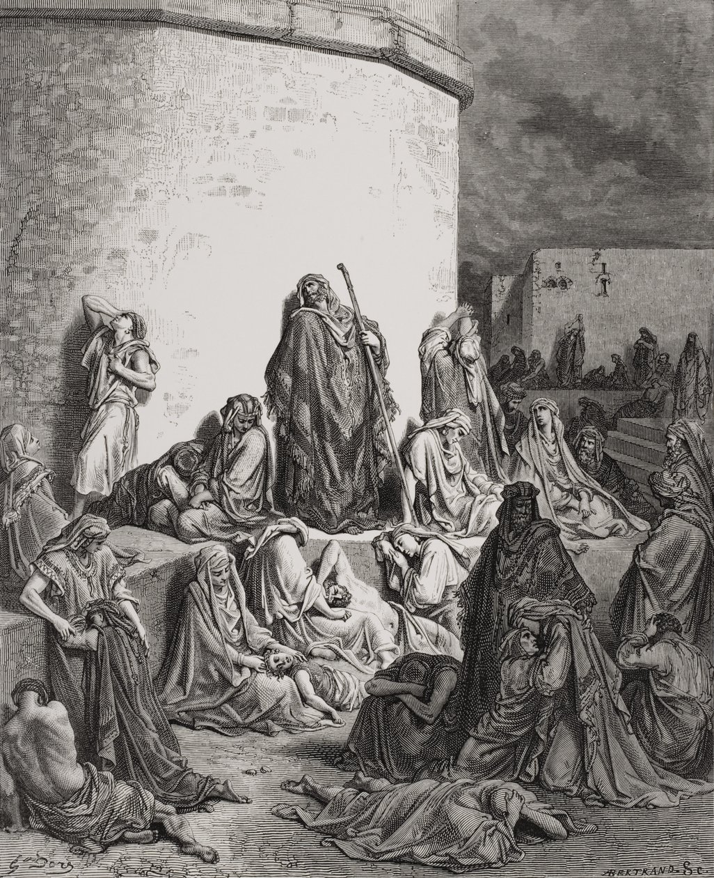 Le peuple pleurant sur les ruines de Jérusalem, Lamentations 1:1-2 illustration de la 