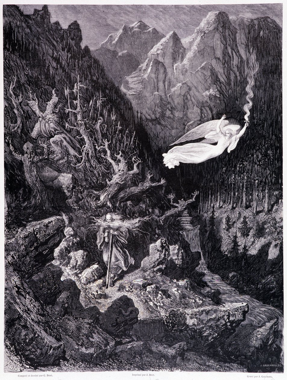 Le vieil homme tenant une bourse et son bâton marchant dans un paysage hostile est surmonté par un ange agitant une lance de feu, Planche VII - Illustration de Gustave Doré pour La légende du Juif errant de Pierre Dupont, édition Librairie du magasin pitto - Gustave Dore