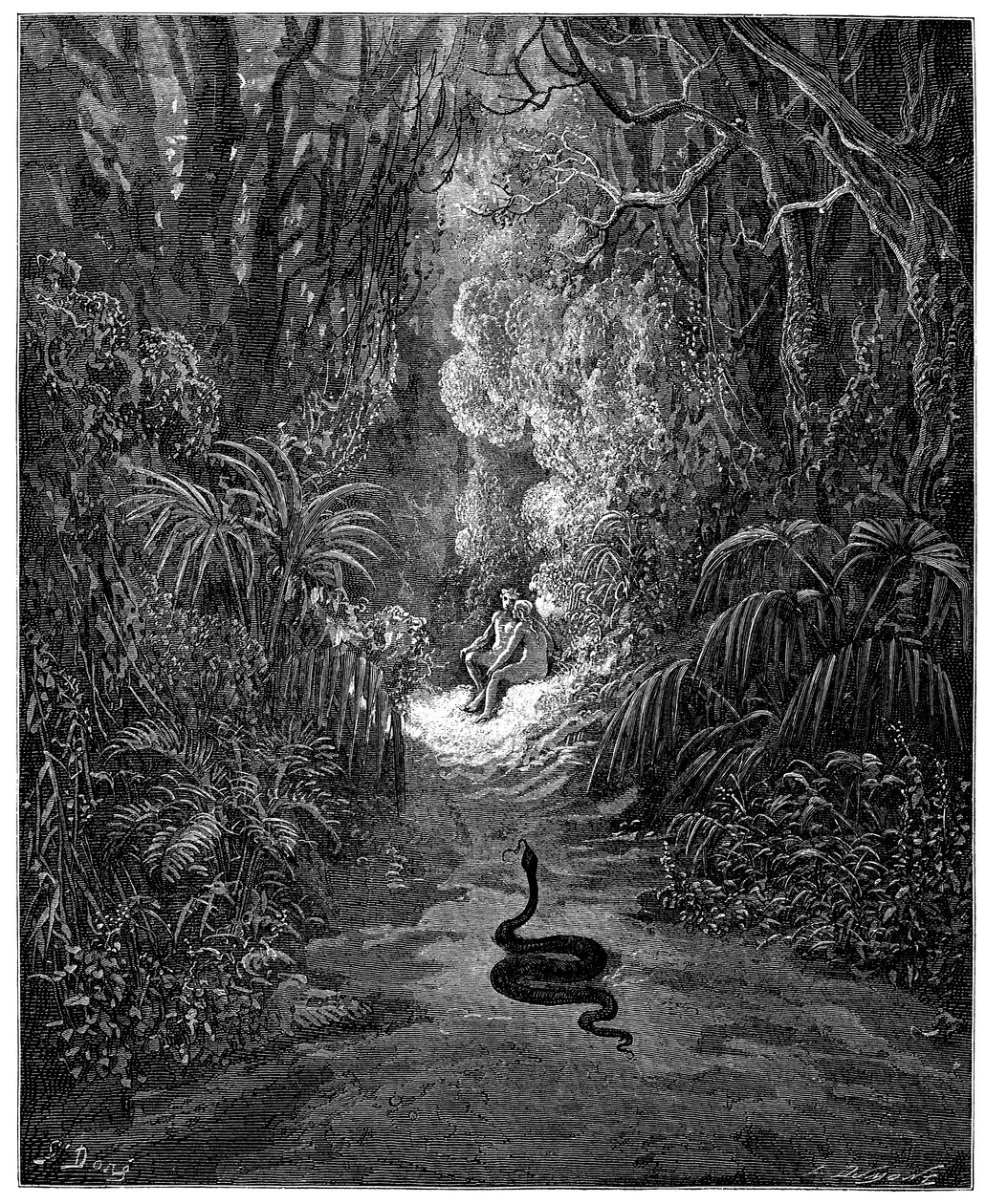 Le serpent se dirige vers Adam et Ève. Illustration de Gustave Doré pour « Le Paradis perdu » de John Milton (1608-1674). Gravure de 1866. Collection privée - Gustave Dore