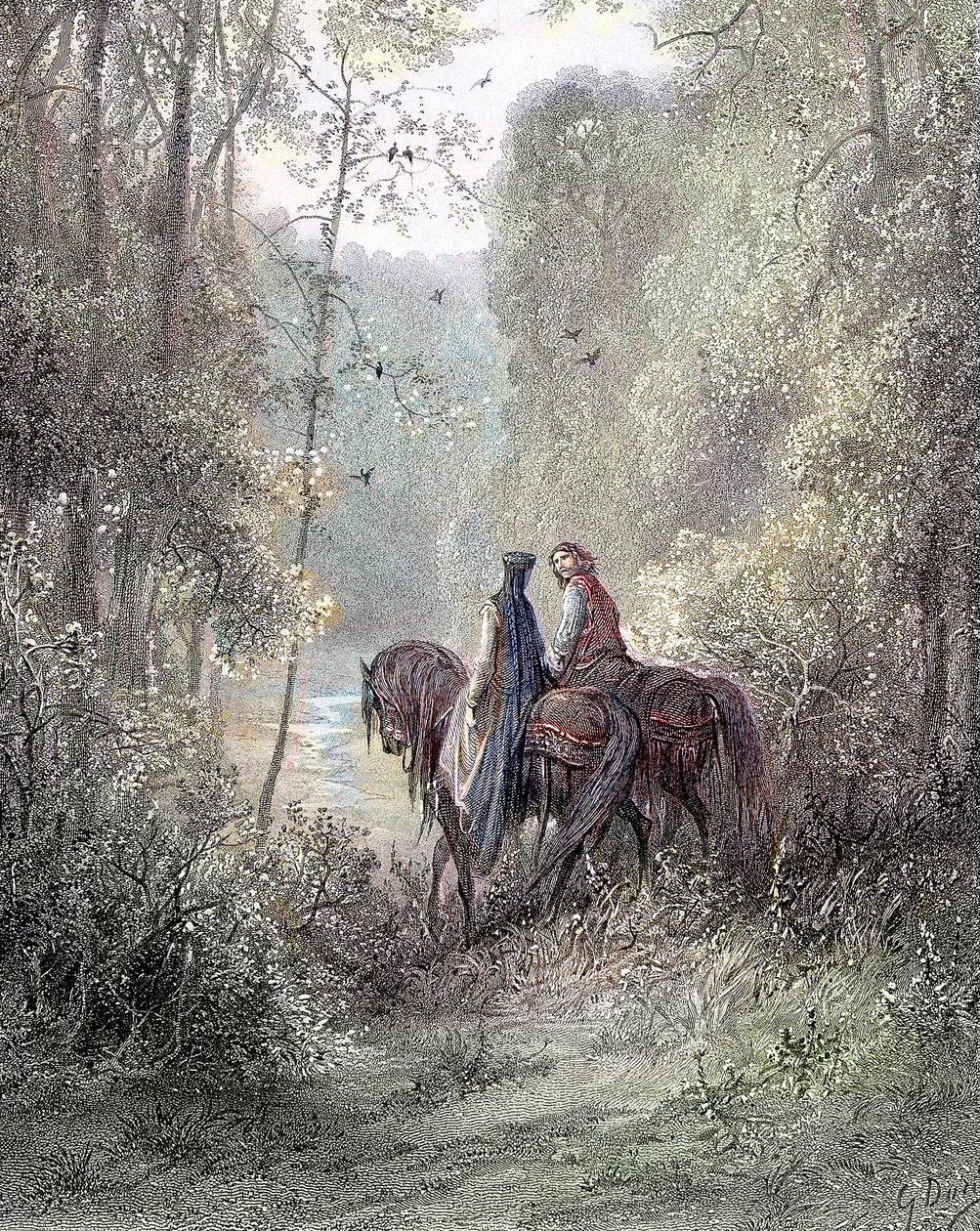 Ils se perdirent sous des bosquets qui semblaient être un paradis de fleurs (Guenièvre et Lancelot) - dans "Guenièvre" par Alfred Tennyson, ill. par Gustave Doré Paris, Librairie Hachette et Cie - Gustave Dore