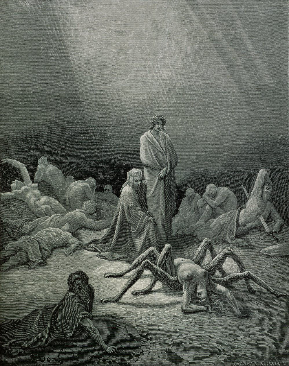 Virgile (70-19 av. J.-C.) et Dante regardant la femme araignée, illustration de 