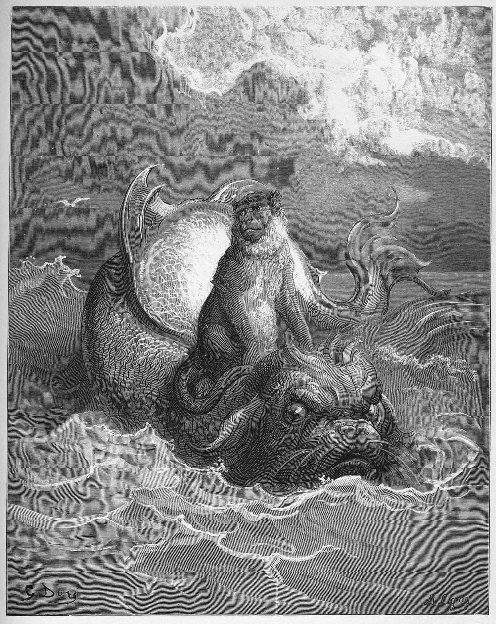 Les singes et le dauphin - des "Fables" de Jean de La Fontaine - Gustave Dore