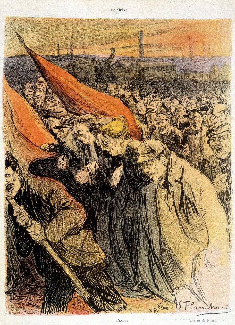 Foule courbée avec des drapeaux rouges, "La Grève" par Flaschoën, début 20e s. - Gustave Flasschoen