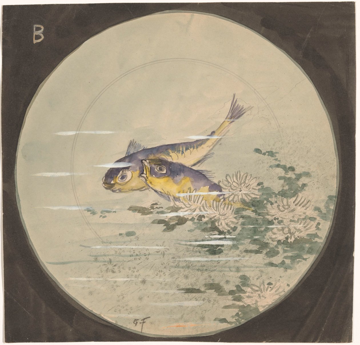 Conception pour une assiette avec deux poissons bleu-jaune près des nénuphars - Gustave Fraipont (signed by artist)