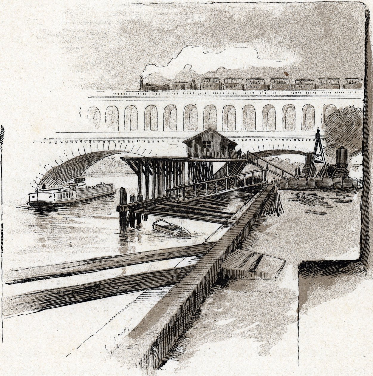 Le viaduc du Point du Jour, Boulogne-Billancourt. Dessin de Gustave Fraipont (1849-1923) d