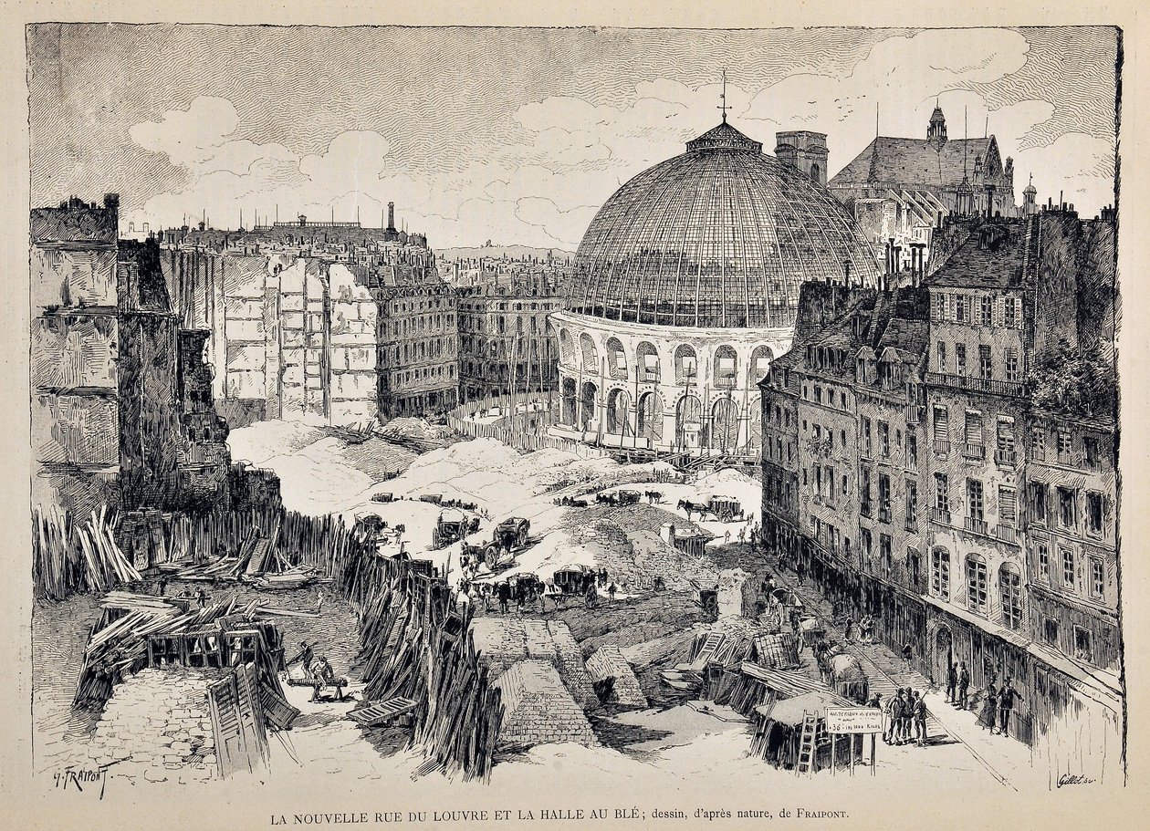 La nouvelle Rue du Louvre et la Halle au Blé à Paris en 1887. Illustration de Gustave Fraipont (1849 - 1923). Gravure de 1887 dans "Paris-Illustré". - Gustave Fraipont