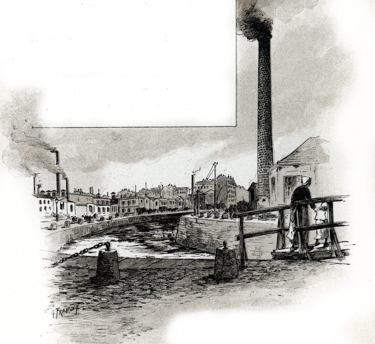 Vue du lit asséché du canal Saint-Martin pendant la période de nettoyage. Dessin de Gustave Fraipont (1849-1923) d