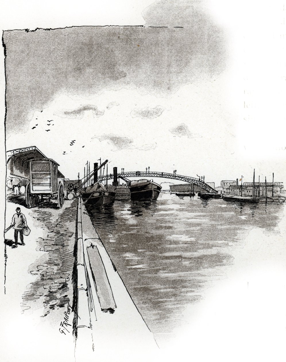 Vue de la passerelle du Canal de la Villette, Paris. Dessin de Gustave Fraipont (1849-1923) tiré de « La Seine à travers Paris » par Saint-Juirs - Gustave Fraipont