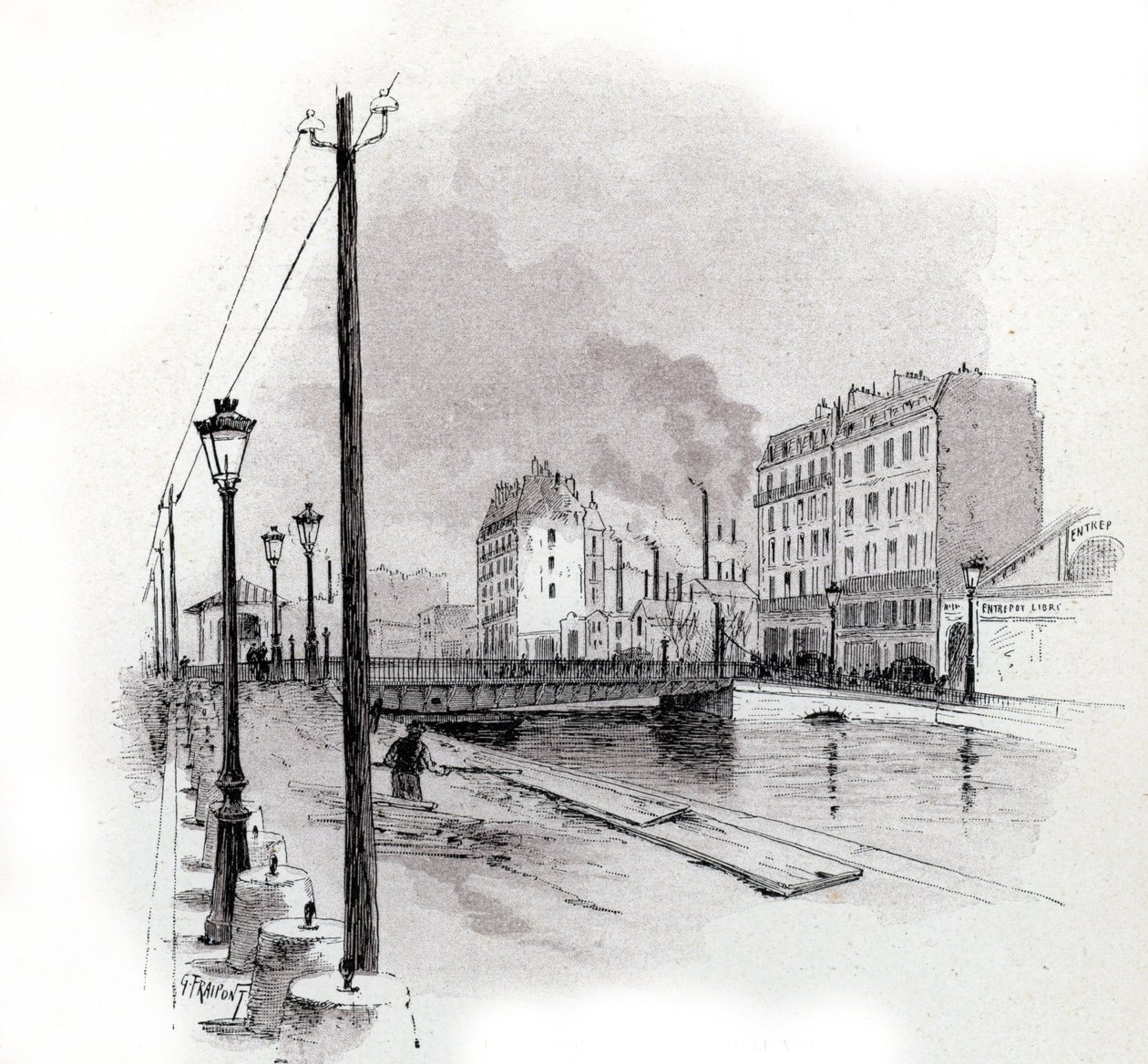 Vue du pont tournant du quai de Valmy sur le canal Saint-Martin, Paris (dessin de Gustave Fraipont) - Gustave Fraipont