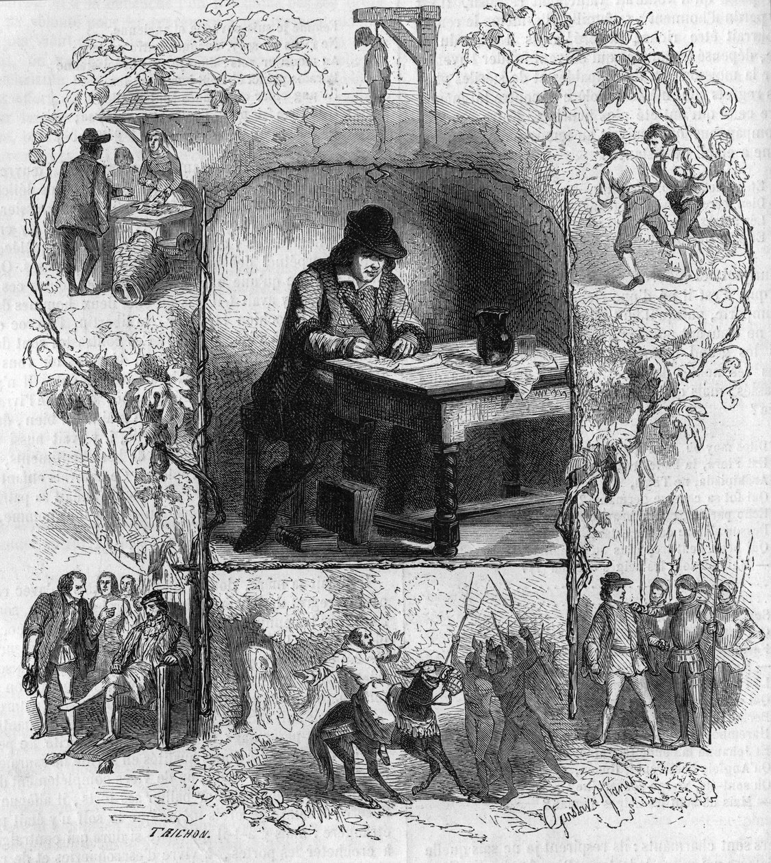 Le poète François Villon (1431-1463) écrivant son testament entouré de différents épisodes de sa vie. Gravure de Gustave Janet - Gustave Janet