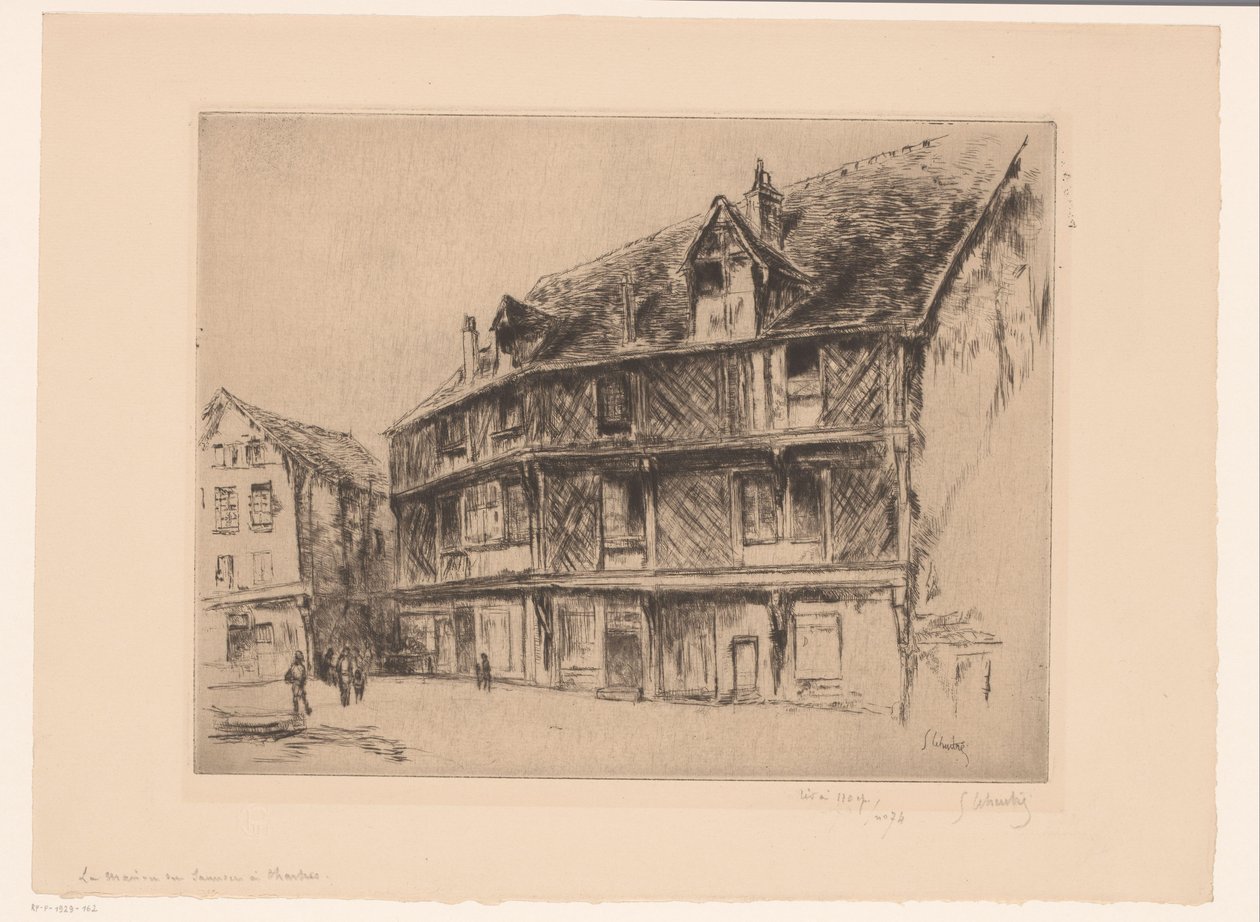 Rue avec maisons et promeneurs à Chartres (La maison du saumon) - Gustave Leheutre (signed by artist)