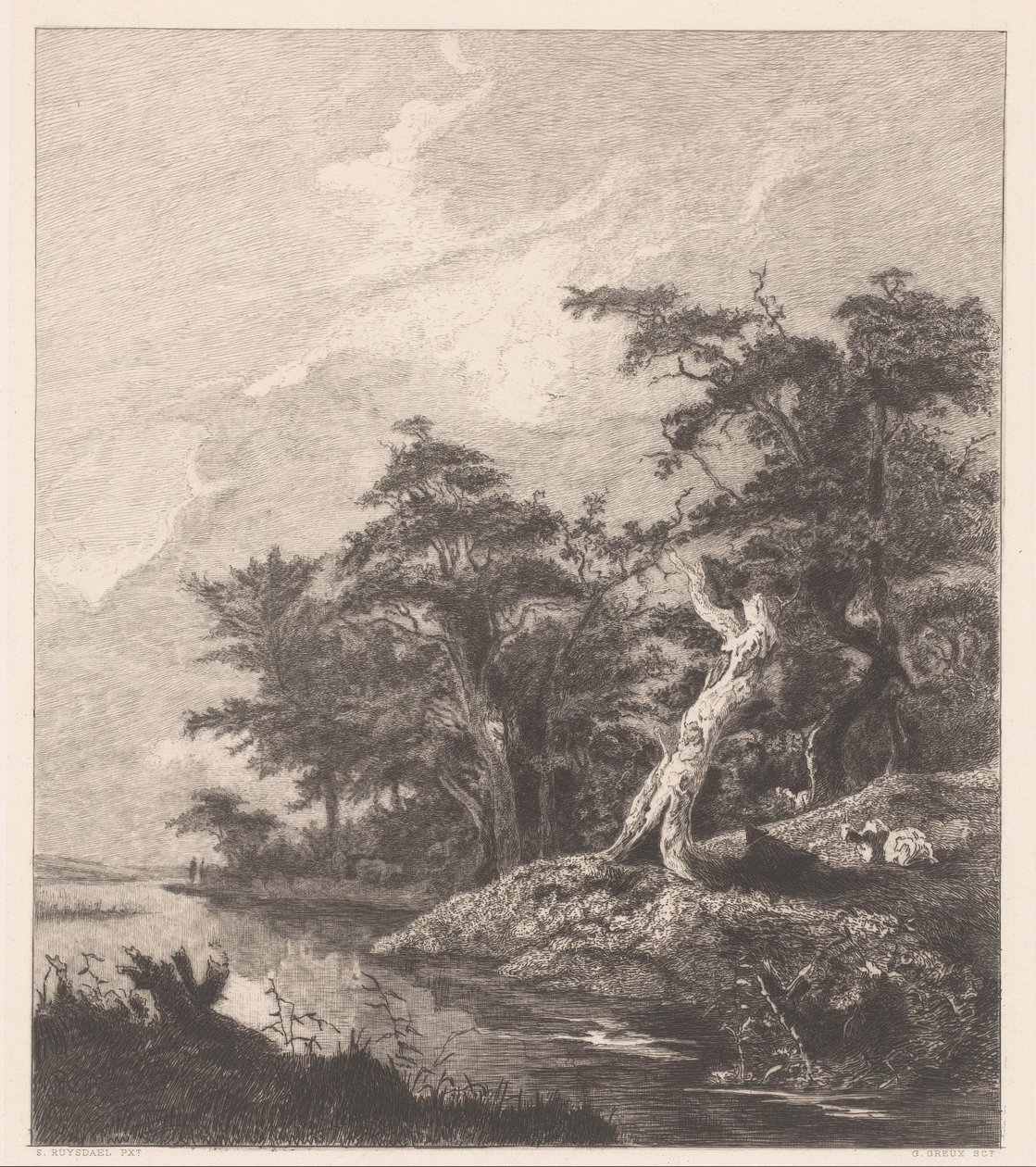 Paysage fluvial avec berger se reposant près d