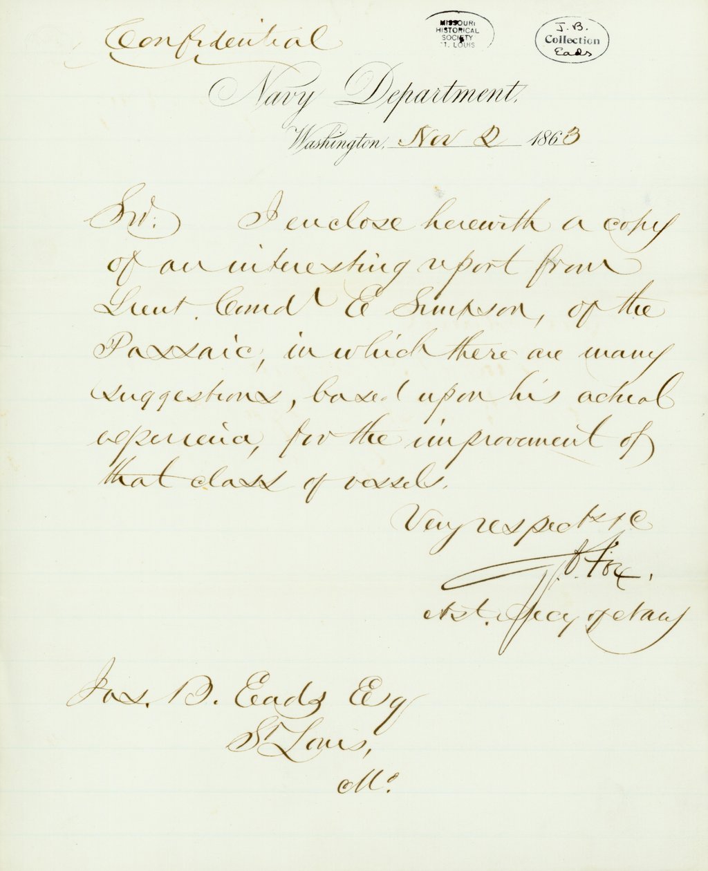 Lettre signée G.V. Fox, Département de la Marine, Washington, à Jas. B. Eads [James B. Eads], St. Louis, Mo., 2 novembre 1863 - Gustavus Vasa Fox