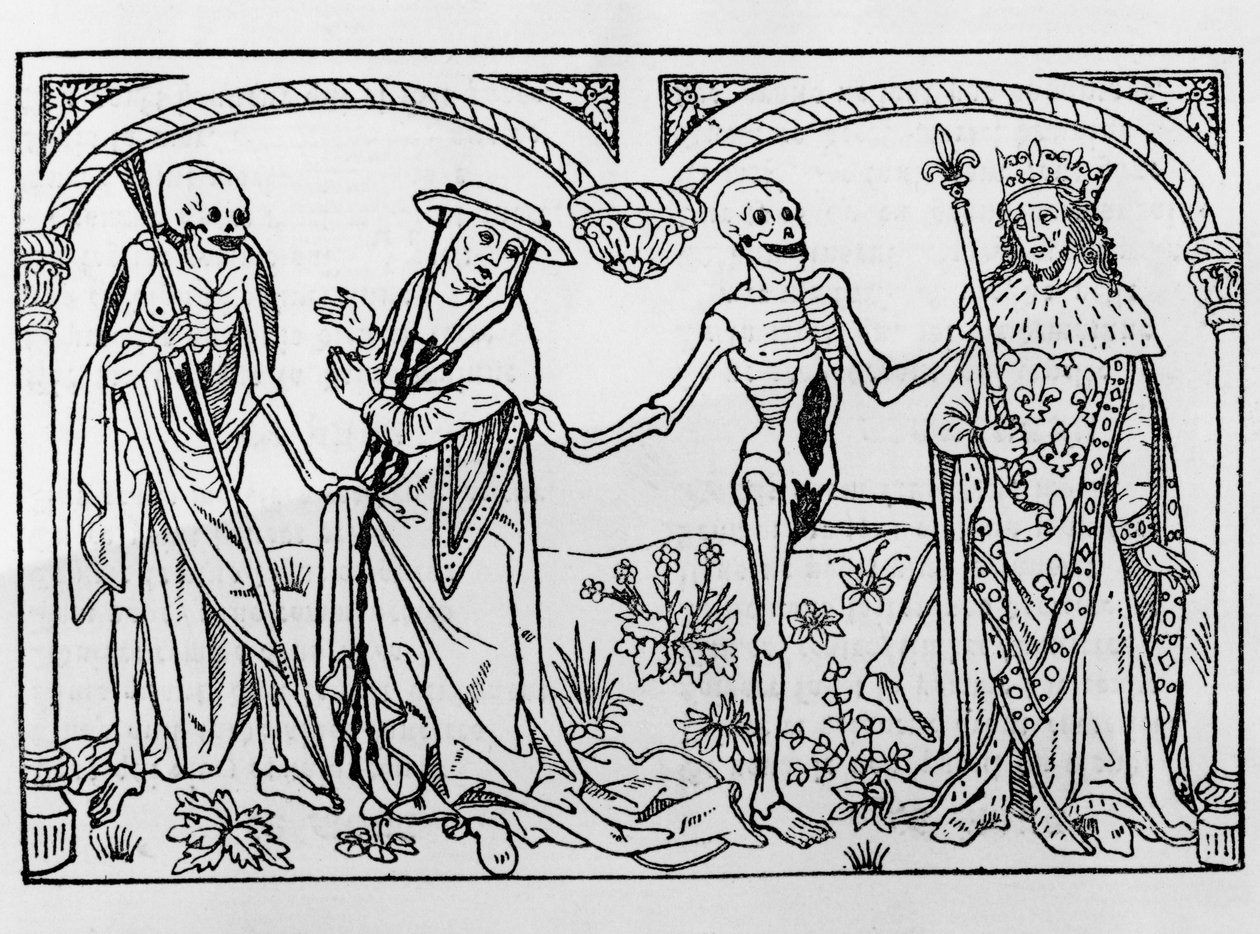 La Mort prenant le Cardinal et le Roi, de la Danse Macabre, publié à Paris, 1485 - Guy Marchant