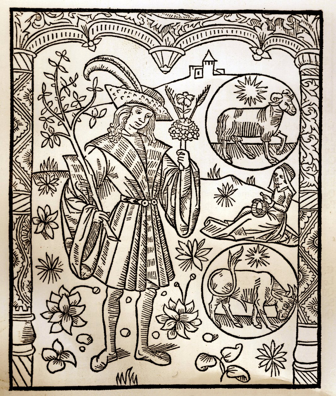 Calendrier des bergers - Les travaux des mois - Avril - Gravure sur bois du livre de 1496 imprimé par Guy Marchant (Guido Mercator) à Troyes - Gravure sur bois dans 