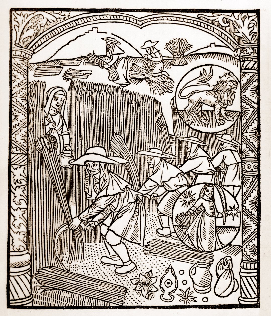 Calendrier des bergers - Les travaux des mois - Août - Gravure sur bois du livre de 1496 imprimé par Guy Marchant (Guido Mercator) à Troyes - Gravure sur bois dans « Le grand Calendrier et compost des bergers » - Guy Marchant