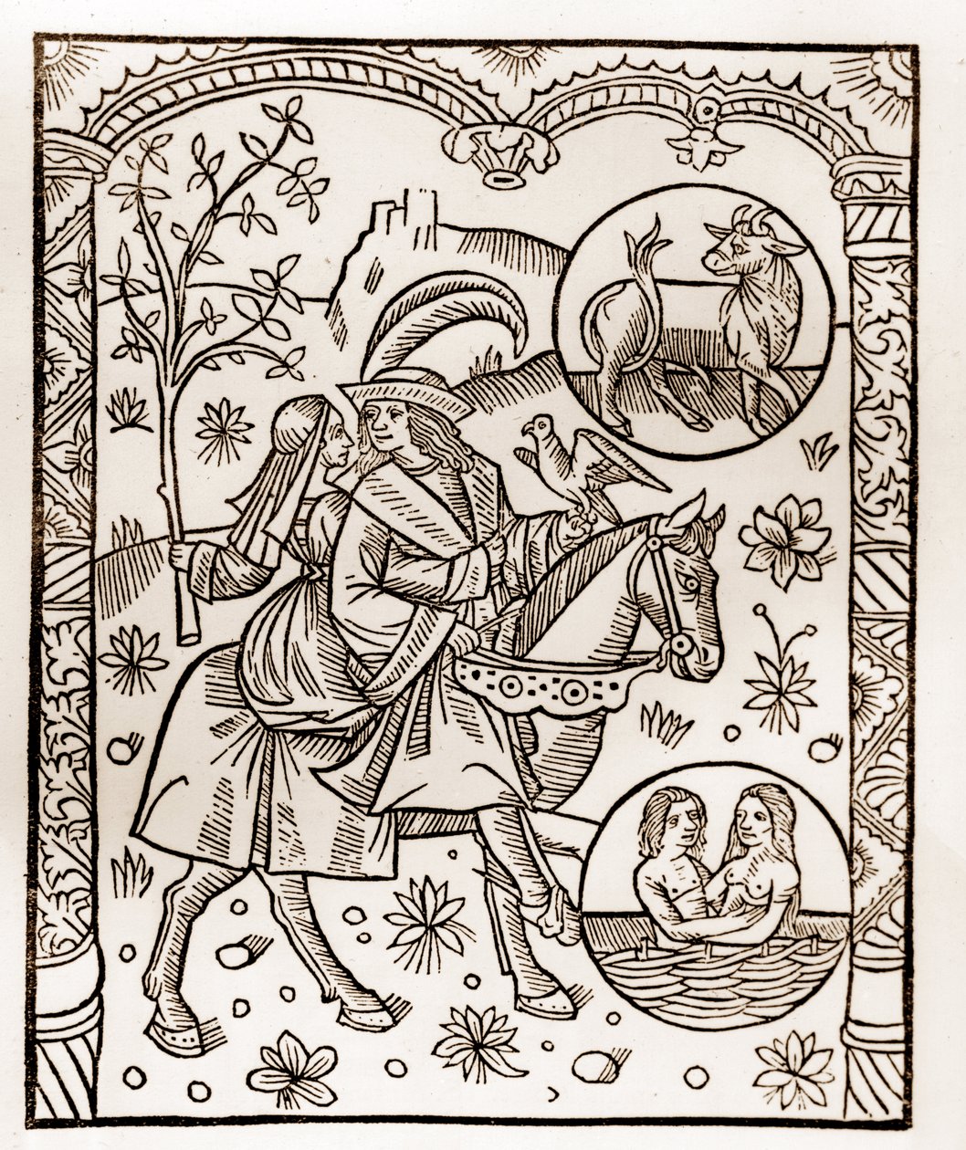 Calendrier du berger - Les Travaux des Mois - Mai - Gravure sur bois du livre de 1496 imprimé par Guy Marchant à Troyes - Gravure sur bois dans « Le grand Calendrier et compost des bergers » - Guy Marchant