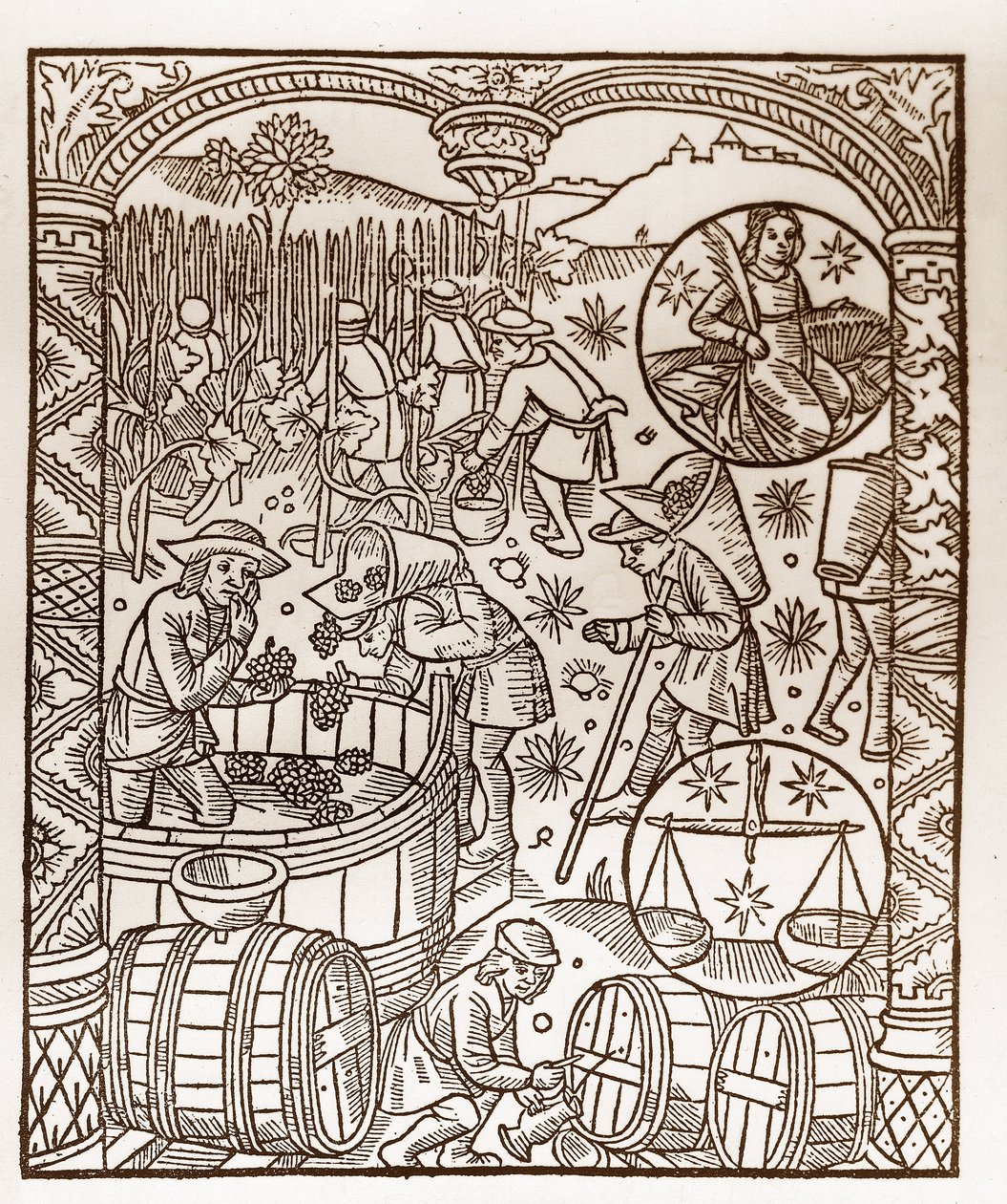 Calendrier du berger - Les travaux des mois - Octobre - Gravure sur bois du livre de 1496 imprimé par Guy Marchant (Guido Mercator) à Troyes - Gravure sur bois dans « Le grand Calendrier et compost des bergers » - La récolte - et les signes du zodiaque - Guy Marchant