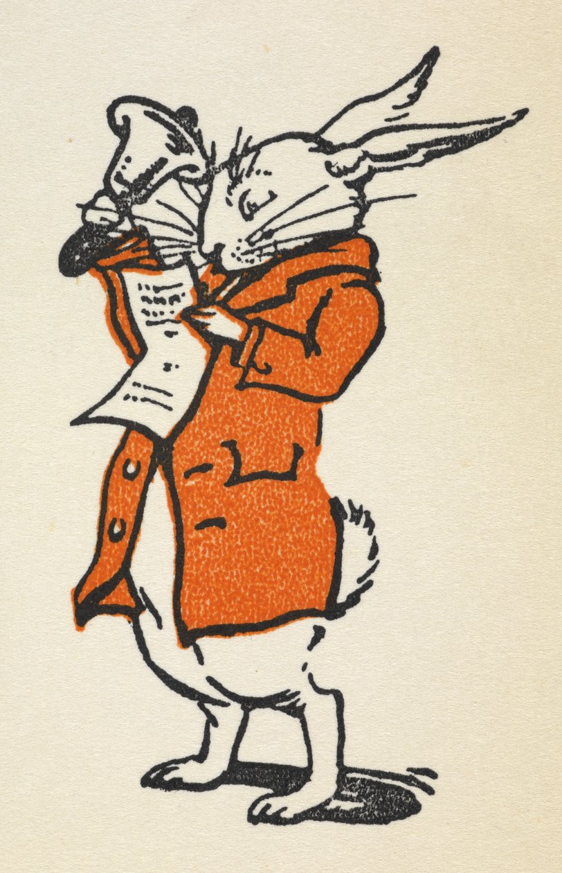 Illustration du Lapin Blanc en veste rouge sonnant une grande cloche et lisant - Gwynedd M. Hudson