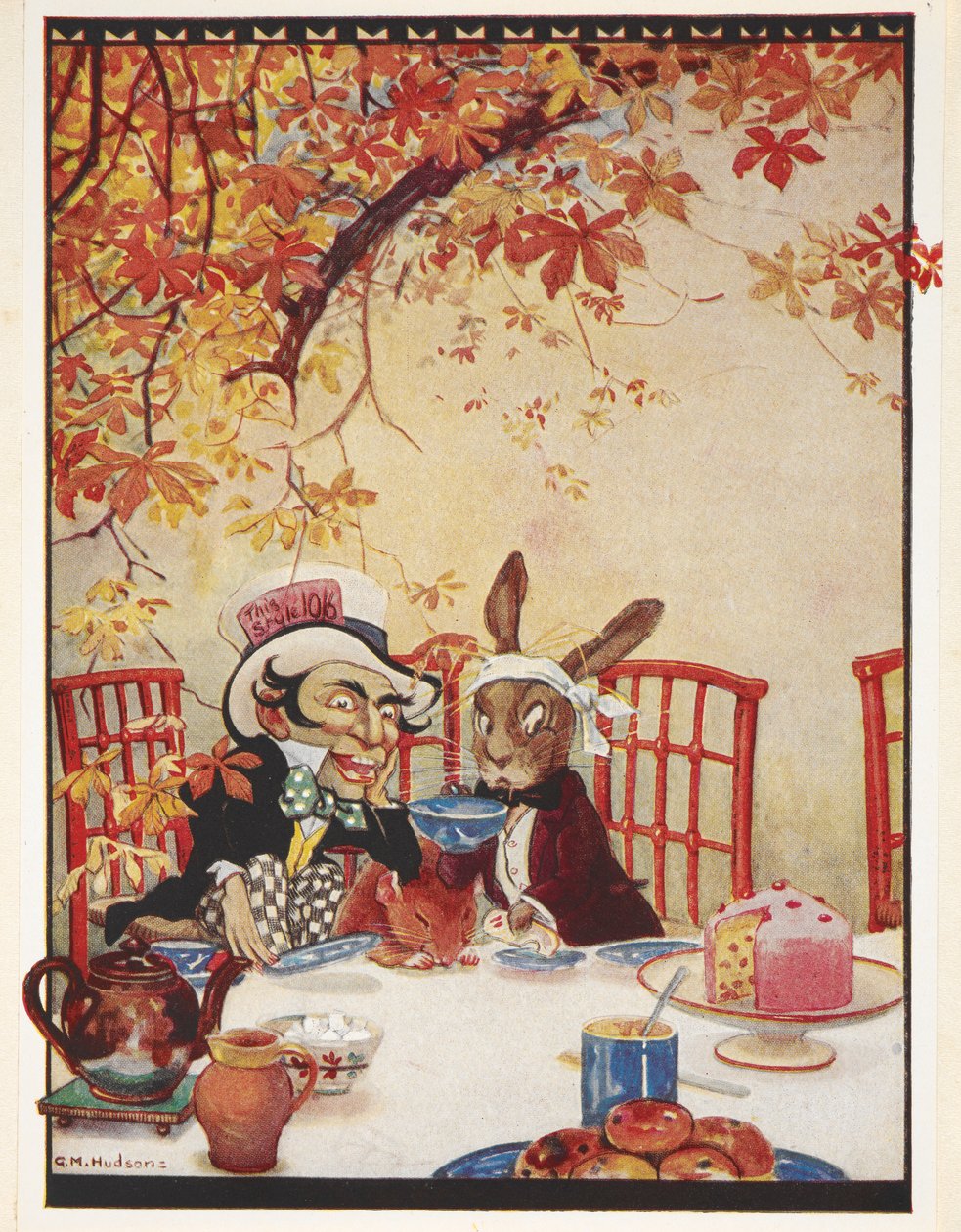 Le thé du Chapelier fou. Le Chapelier fou buvant du thé et mangeant du gâteau avec le Lièvre de Mars et le Loir. - Gwynedd M. Hudson