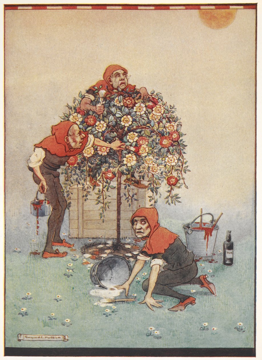 Les jardiniers de la Reine de Cœur peignant les roses du blanc au rouge d