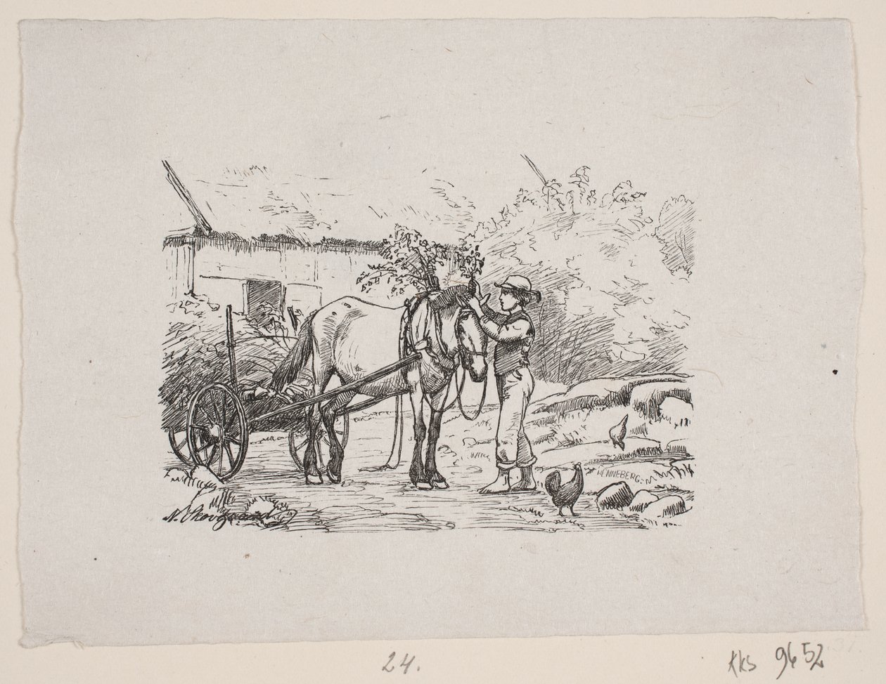 Un garçon décore un harnais de cheval avec des branches vertes - H. C. Henneberg