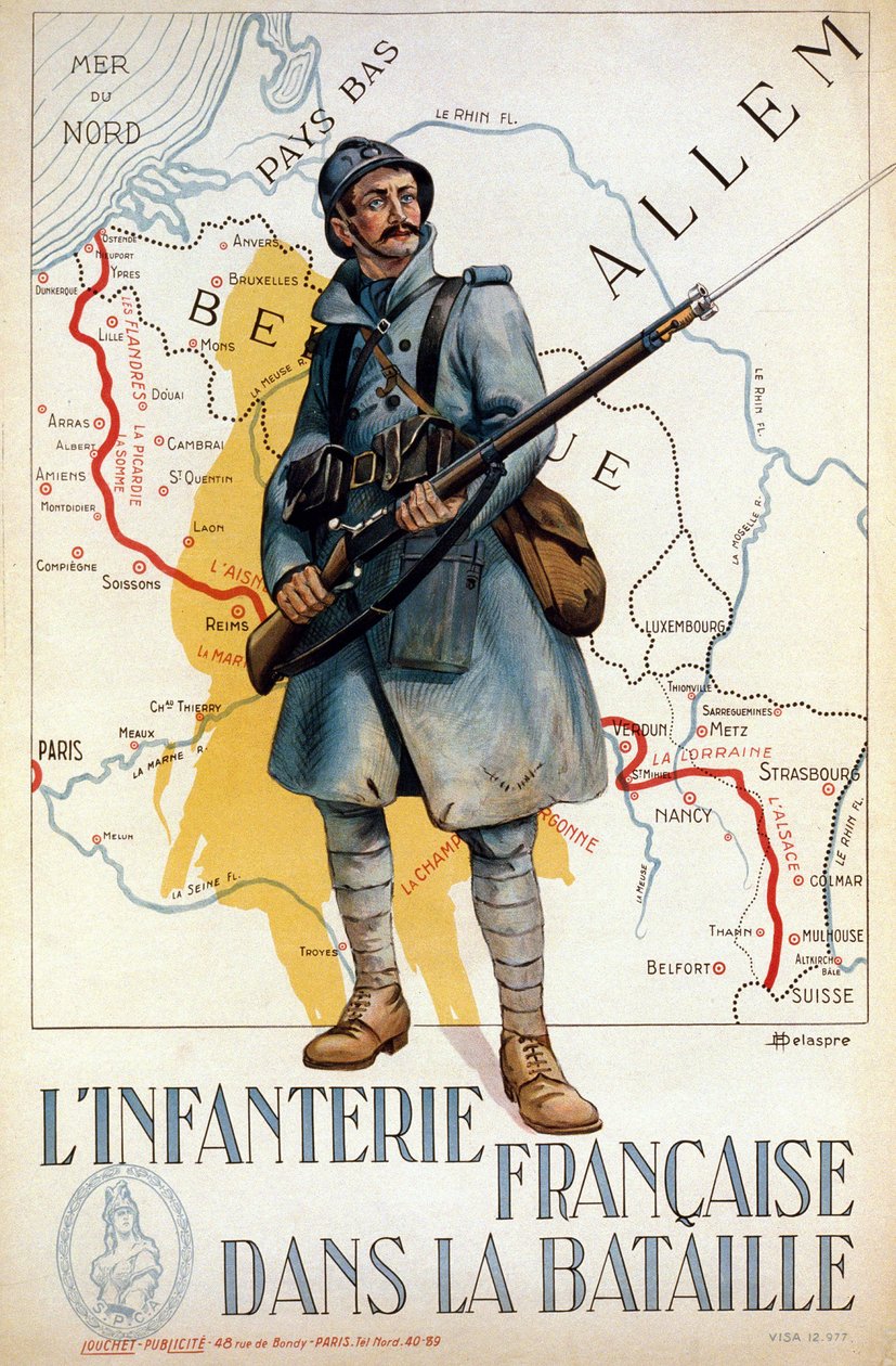 Infanterie française au combat (la ligne rouge représente la ligne Hindenburg) - ill. par H. Delaspre - H. Delaspre