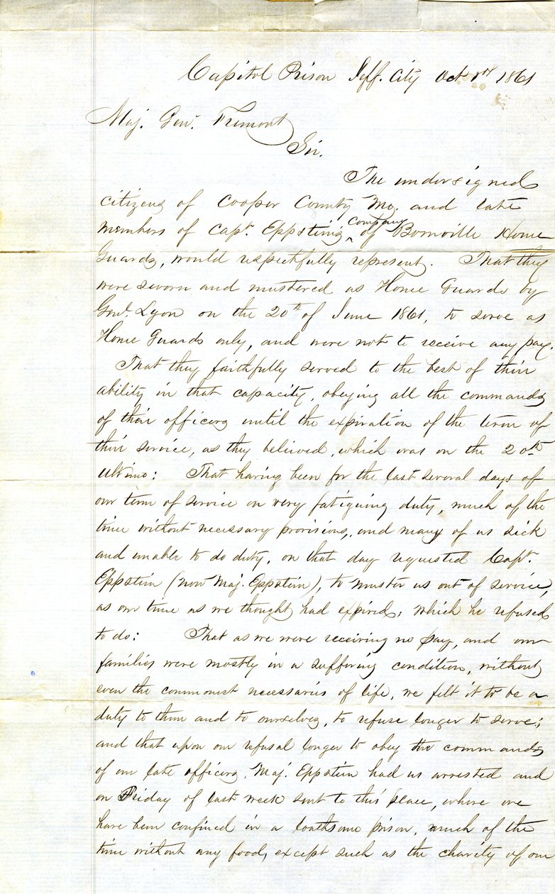 Appel des membres de la Compagnie du Capitaine Eppstein, Boonville Home Guards, Prison du Capitole, Jefferson City, au Major Général Fremont, 1 octobre 1861 - H. L. Hoefer