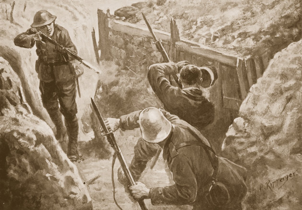 Le soldat J. Hutchinson tirant sur deux sentinelles allemandes lors d