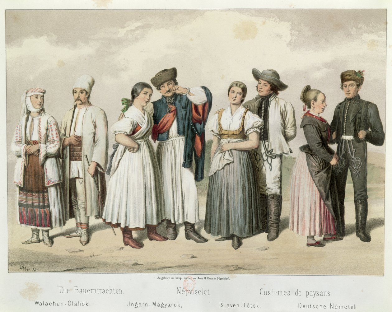 Costumes de paysans de (L à R) Roumanie, Hongrie, Slovaquie et Allemagne, de 