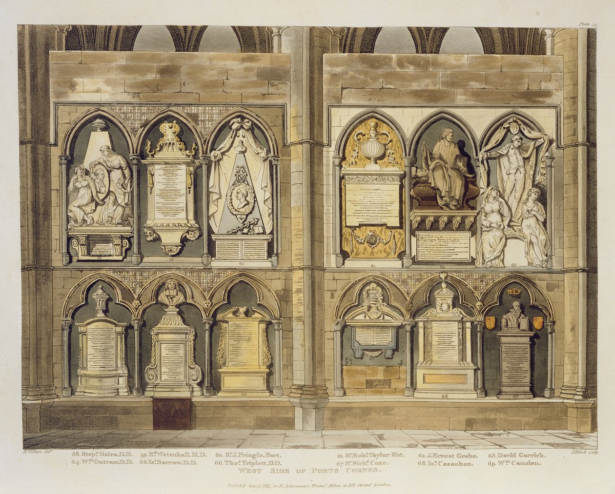 Côté Ouest du Coin des Poètes, planche 24 de Westminster Abbey, gravé par J. Bluck, publié par Rudolph Ackermann 1811 - H. Villiers