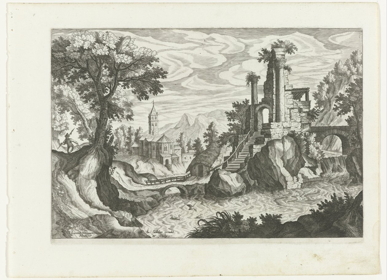 Paysage avec une rivière et des ruines - H. van Schuppen
