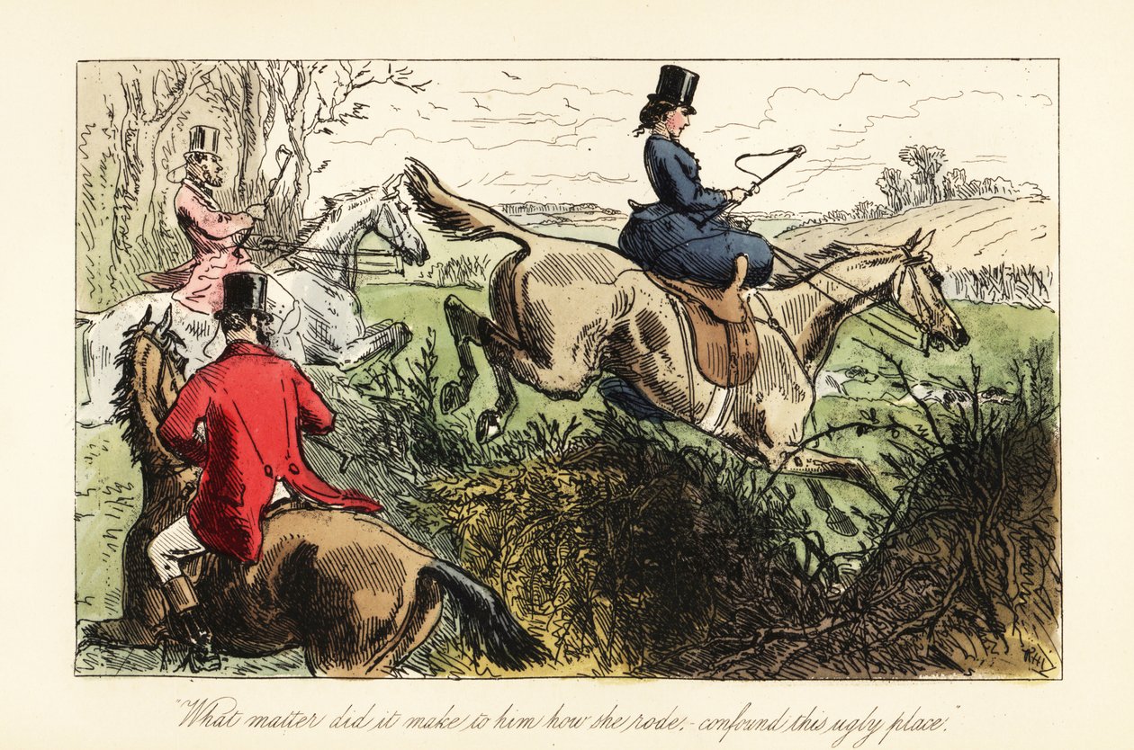 Chasseresse anglaise sautant en amazone par-dessus une clôture - after Hablot Knight Browne