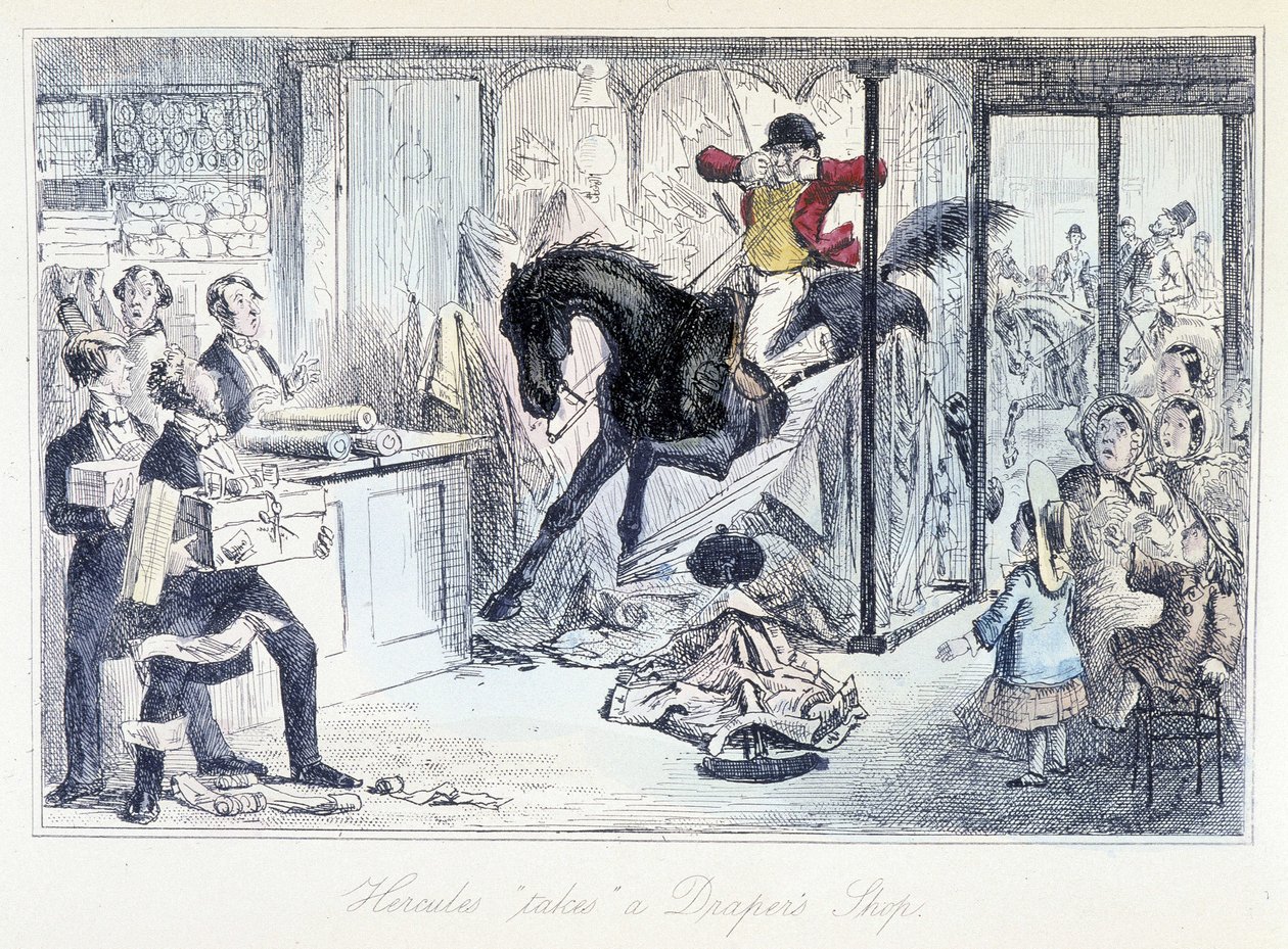 Chasseur de chevaux entrant accidentellement dans un magasin de tissus. Caricature anglaise sur la chasse tirée de « aventures de Thomas Scott ou Hawbuck Grange » illustration par H.K. Browne et W.T. Maud. - Hablot Knight Browne